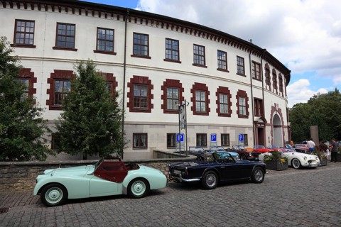 Vintage car parade in front of the castle, round building of Elisabethenburg Castle, Meiningen,