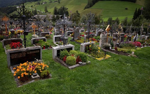 Cemetery with metal crosses, St. George Catholic Parish Church, Neustift, Stubai Valley, Tyrol,
