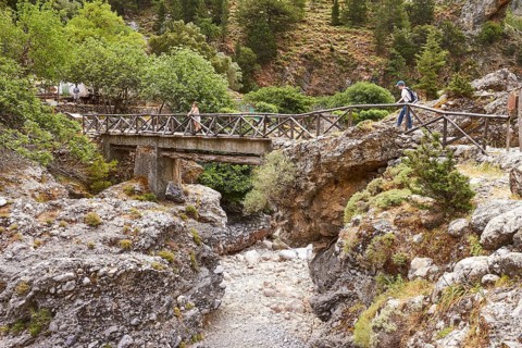 Bridge over stream, hikers on bridge, Samaria settlement, rest area, Samaria gorge, Samaria, gorge,