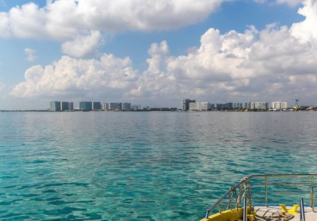 Modern apartment blocks seen from Isla Mujeres ferry, Cancun, Quintana Roo, Yucatan Peninsula,
