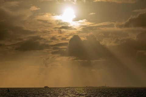 North Sea island of Pellworm in the evening light, seen from the Nordstrand peninsula, North