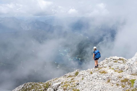 Mountaineer on the Waxenstein with fog, Wetterstein Mountains, Garmisch-Patenkirchen, Bavaria,