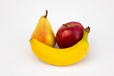Banana, apple, pear, studio shot, white background, healthy food