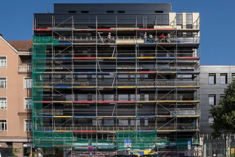 Scaffolding for thermal insulation on an office building, Nuremberg, Middle Franconia, Bavaria,