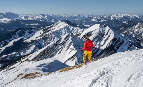 Ski tourers at the summit, mountains in winter, Sonntagshorn, Chiemgau Alps, Bavaria, Germany,