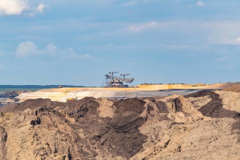 Spoil heaps and stacker in the Welzow-Süd opencast lignite mine, Niederlausitz, Spree-Neiße,