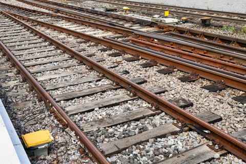 Railway tracks. Flat bottom steel rails supported on timber with ballast