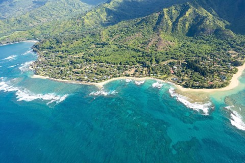Aerial view Ke'e Beach, Haena Beach, Tunnels Beach, Kepuhi Beach, Kauai, Hawaii, USA, North America