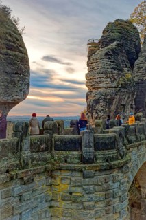 Evening atmosphere at the Bastei bridge, behind the new Bastei view, Bastei, Lohmen, Saxon