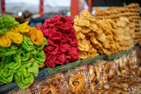 Sweets, market stall at the Osh Bazaar, Bishkek, Kyrgyzstan, Asia