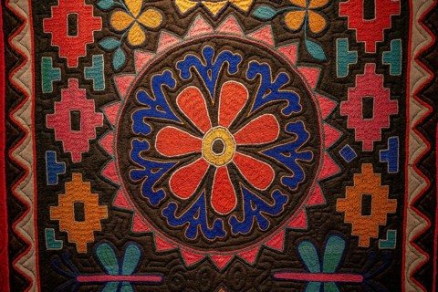 Traditional carpet with pattern, exhibition in the State History Museum, interior view, Bishkek,