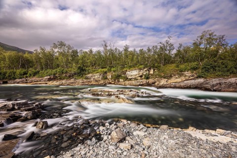Abiskojåkka, river in Abisko NP (northern Sweden) . Long exposure, clouds, rocks, gravel, birches,