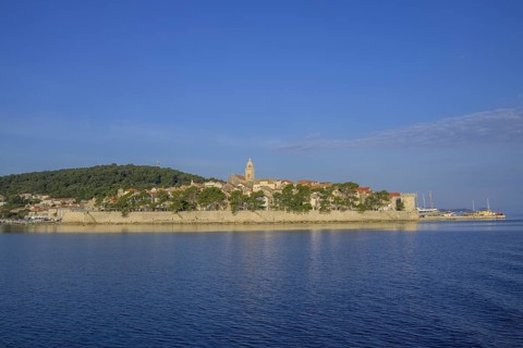 View of the old town from the boat, Korcula, Dubrovnik-Neretva County, Croatia, Europe