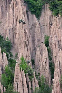 The earth pyramids, fairy chimneys of Longomoso, Lengmoos, Monti di Mezzo on the Renon plateau,