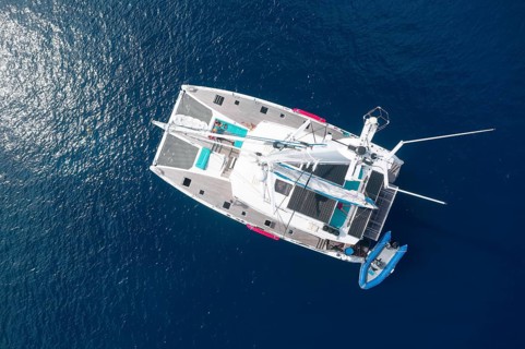Aerial view, diving ship, catamaran Aquatiki III from above, Fakarava Atoll, Tuamotu Archipelago,