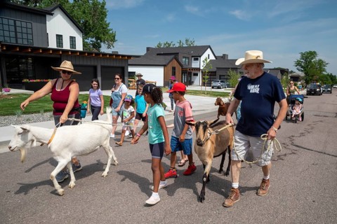Wheat Ridge, Colorado, Accompanied by admiring children and adults, goats from 5 Fridges Farm
