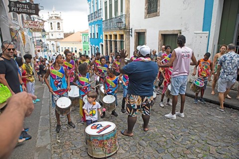 Traditional drumming group in the historic old town, Salvador, State of Bahia, Brazil, South