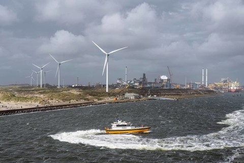 Pilot ship (Aquila) Pilots operating in the North Sea, with wind turbines and the steelworks of