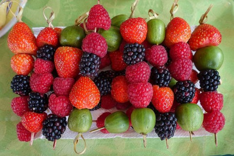 Berry skewers, strawberries, blackberries, raspberries, gooseberries, breakfast table, breakfast,