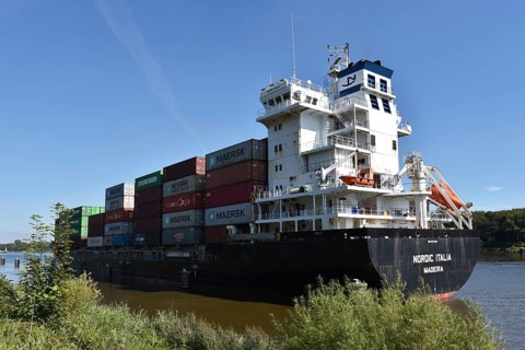 Container ship Nordic Italia in the Kiel Canal, Schleswig-Holstein, Germany, Europe