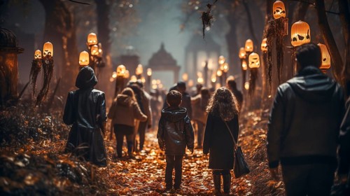 Spooky teenagers and children dressed up for halloween walking down the sidewalk together,