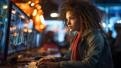 Busy young african american girl working on a computer in an office setting. generative AI