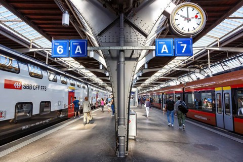 Railway passenger trains of SBB Swiss Federal Railways and Südostbahn at Zurich main station,