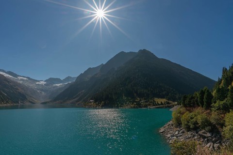 Schlegeisspeicher (1782m), glacier at Schlegeiskees, blue sky, backlight, Zillertal Alps, Tyrol,