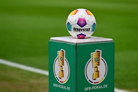 Adidas Derbystar match ball on podium, logo, DFB Cup, MHPArena, MHP Arena Stuttgart,