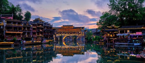 Chinese tourist attraction destination, panorama of Feng Huang Ancient Town (Phoenix Ancient Town)