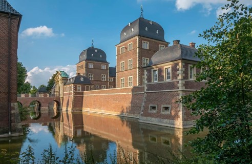 Baroque and moated castle Ahaus, today seat of the Technical Academy Ahaus, Ahaus, Münsterland,