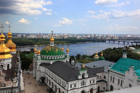 Ukraine, Kiev, View from the bell tower to the monastery complex of the Kiev Cave Monastery, Holy
