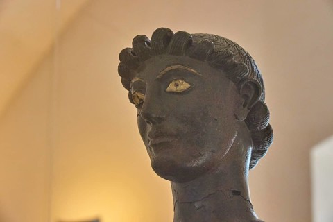 Efebo di Selinunte, detail, head, Dionysos Iakchos, bronze statue, Selinunte, archaeological site,