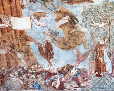 Death with the scythe, angels and devils fighting for the souls coming out of the dead, detail from