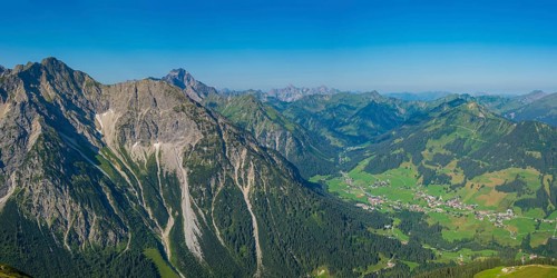 Panorama from the Walser Hammerspitze, 2170m, into Kleinwalsertal, Allgäu Alps, Vorarlberg,