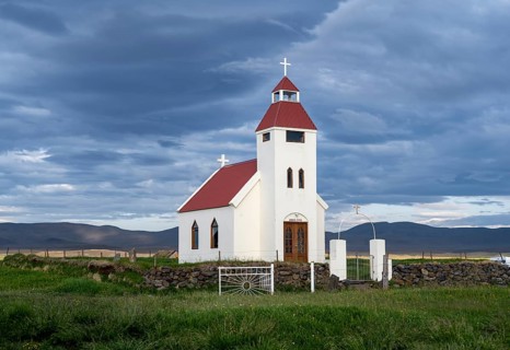 Church in the evening light, Möðrudalur, Icelandic Highlands, Iceland, Europe