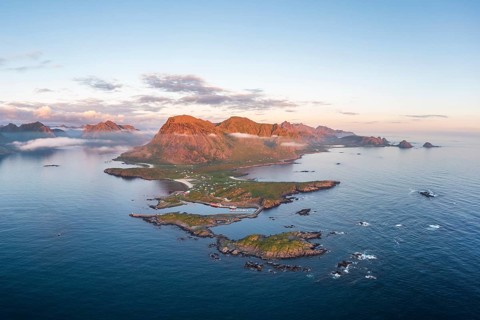 Fishing village Hovden, coast, fjords and mountains, Langøya island, Vesterålen archipelago,