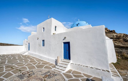 Monastery of Agios Ioannis Detis on the coast between rocks, Paros, Cyclades, Greece, Europe