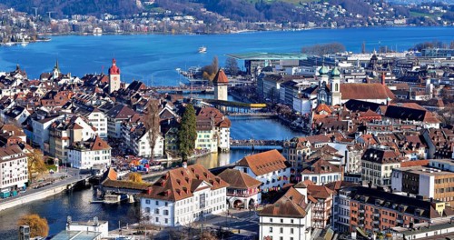 City view with Spreuer Bridge, Chapel Bridge, Water Tower on the Reuss, Old Town, Lucerne, Canton