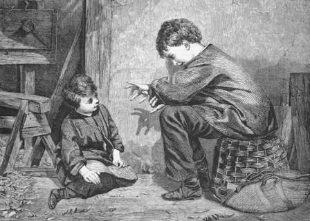 Boy entertains his little sister with shadow play with his fingers, 1869, Germany, Historic,