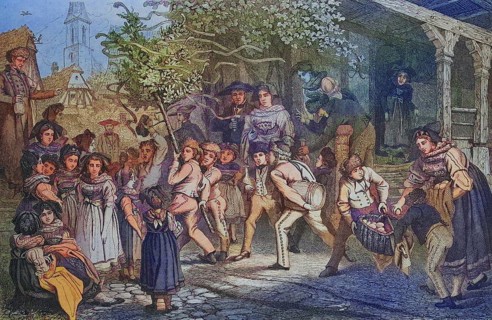 Celebration of Whitsun in 1880 in Alsace, France, Historical, digitally restored reproduction of a