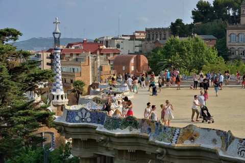 Undulating benches on the viewing platform of Parc Güell, by architect Antoni Gaudí, UNESCO World