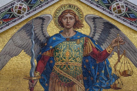 Mosaic on the facade of the Church of the Trinity and St. Spyridon, Serbian Orthodox Church,