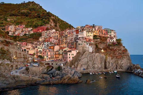 Fishing village of Manarola, blue hour, district of Riomaggiore, Cinque Terre, province of La