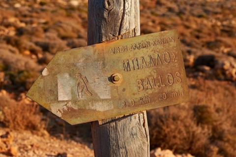 Morning Light, Wall Sign BALLOS Wooden Post, Gramvoussa Peninsula, Pirate Bay, Balos, Tigani, West