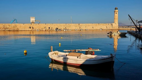 Morning light, sunrise, Venetian harbour, boat, harbour wall, Venetian lighthouse, reflection, blue