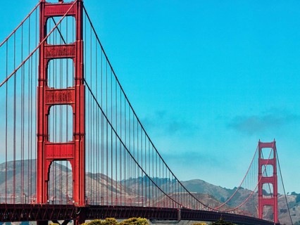 Orange suspension bridge pylon, Golden Gate Bridge, San Francisco, California, USA, North America