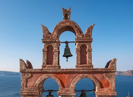 Old belfry wiith view of blue sea, Ia, Oia, Santorini, Greece, Europe