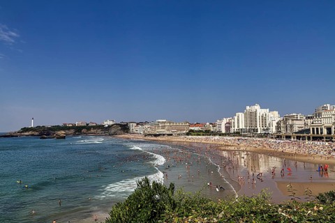 View from above of coastline, skyscrapers and beach, Grand Plage in summer, Biarritz, Basque Coast,