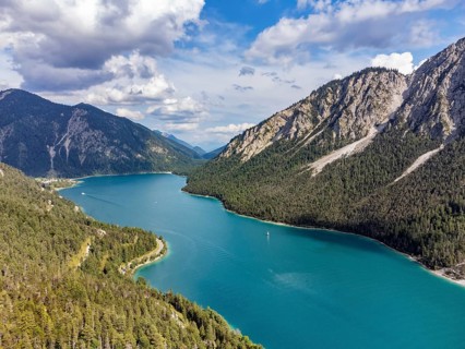 Aerial view of Plansee, Reutte, Ammergau Alps, Tyrol Austria, Plansee, Tyrol, Austria, Europe